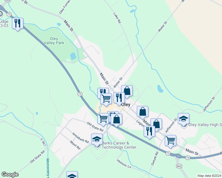 map of restaurants, bars, coffee shops, grocery stores, and more near 220 Main Street in Oley