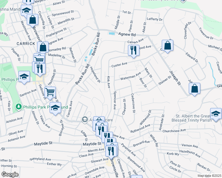 map of restaurants, bars, coffee shops, grocery stores, and more near 316 Kirk Avenue in Pittsburgh