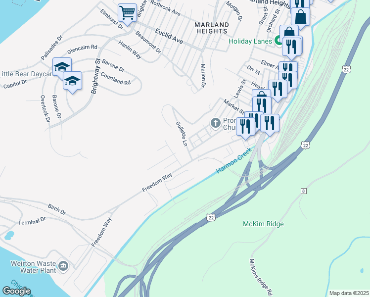 map of restaurants, bars, coffee shops, grocery stores, and more near 115 Gullette Ln in Weirton