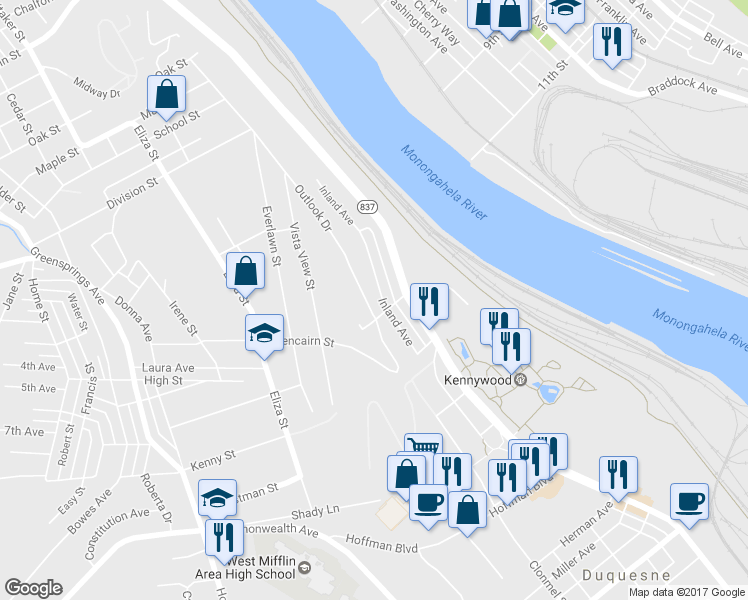 map of restaurants, bars, coffee shops, grocery stores, and more near 4208 Inland Ave in West Mifflin