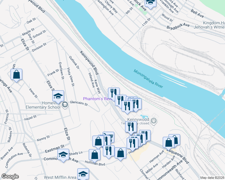map of restaurants, bars, coffee shops, grocery stores, and more near 4405 Shadynook Avenue in West Mifflin