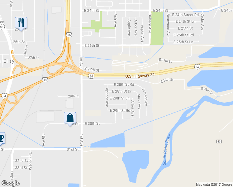 map of restaurants, bars, coffee shops, grocery stores, and more near 400 East 28th Street Drive in Greeley