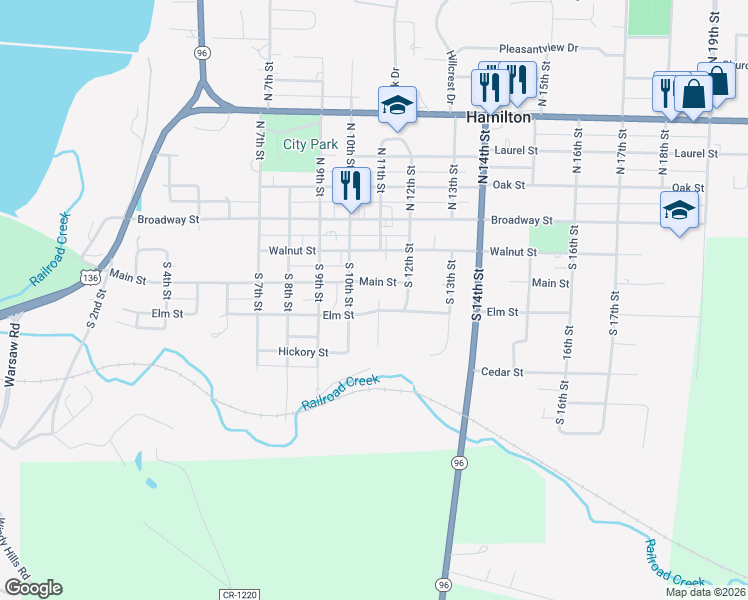 map of restaurants, bars, coffee shops, grocery stores, and more near 217 South 11th Street in Hamilton