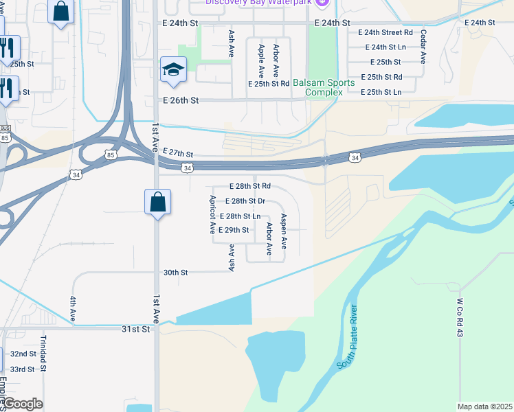 map of restaurants, bars, coffee shops, grocery stores, and more near 504 East 28th Street Drive in Greeley