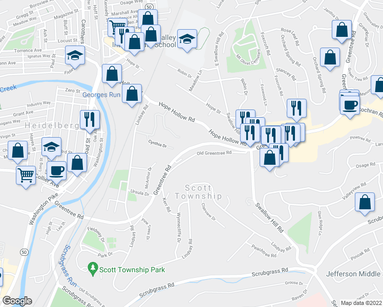 map of restaurants, bars, coffee shops, grocery stores, and more near 2340 Old Greentree Rd in Carnegie