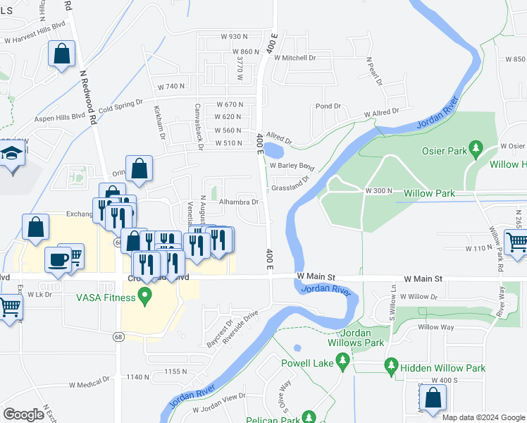 map of restaurants, bars, coffee shops, grocery stores, and more near 1558 400 East in Saratoga Springs
