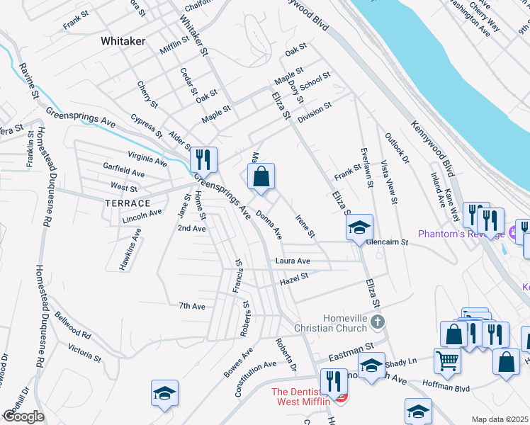 map of restaurants, bars, coffee shops, grocery stores, and more near 3 Douglas Street in West Mifflin