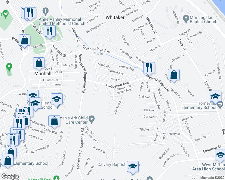 map of restaurants, bars, coffee shops, grocery stores, and more near 3708 Center Avenue in West Mifflin