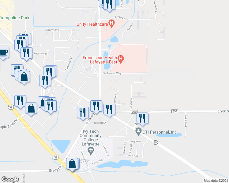 map of restaurants, bars, coffee shops, grocery stores, and more near 1798 Briarwood Court in Lafayette