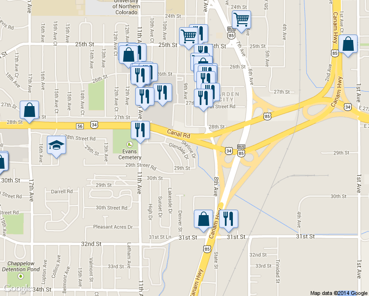 map of restaurants, bars, coffee shops, grocery stores, and more near 2925 Skyline Drive in Evans