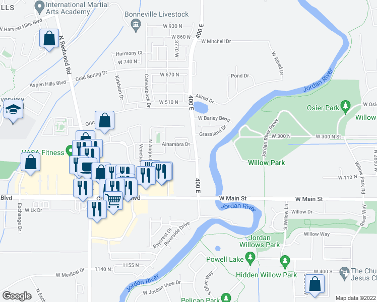map of restaurants, bars, coffee shops, grocery stores, and more near 1558 400 East in Saratoga Springs