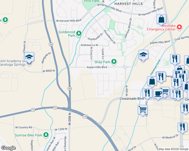 map of restaurants, bars, coffee shops, grocery stores, and more near 1564 North Cozy Lane in Saratoga Springs