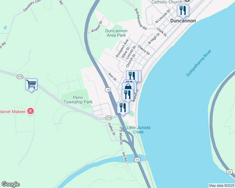 map of restaurants, bars, coffee shops, grocery stores, and more near 109A Cumberland Street in Duncannon