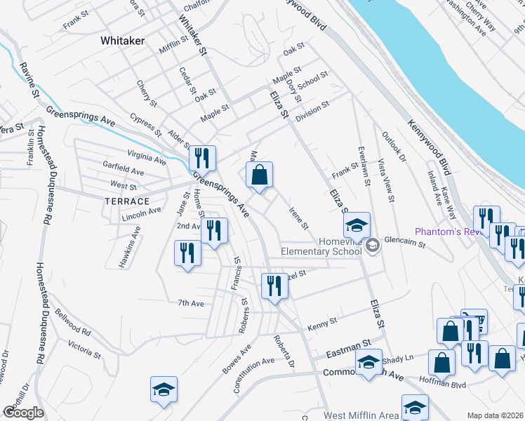 map of restaurants, bars, coffee shops, grocery stores, and more near 3 Douglas Street in West Mifflin