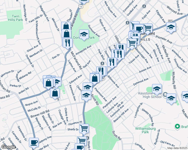 map of restaurants, bars, coffee shops, grocery stores, and more near in Dormont