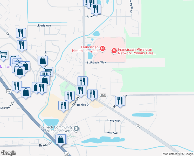 map of restaurants, bars, coffee shops, grocery stores, and more near 1750 Windemere Drive in Lafayette