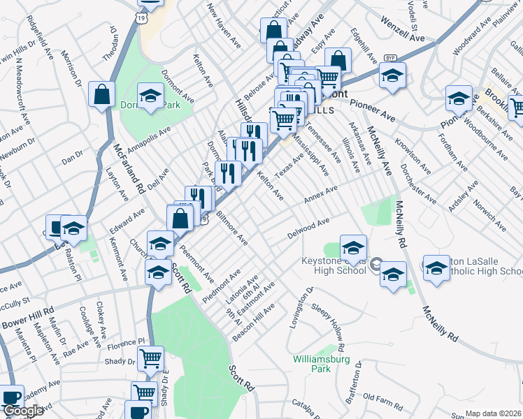 map of restaurants, bars, coffee shops, grocery stores, and more near 1221 Oklahoma Avenue in Pittsburgh