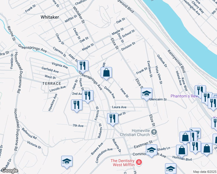 map of restaurants, bars, coffee shops, grocery stores, and more near 3 Douglas Street in West Mifflin