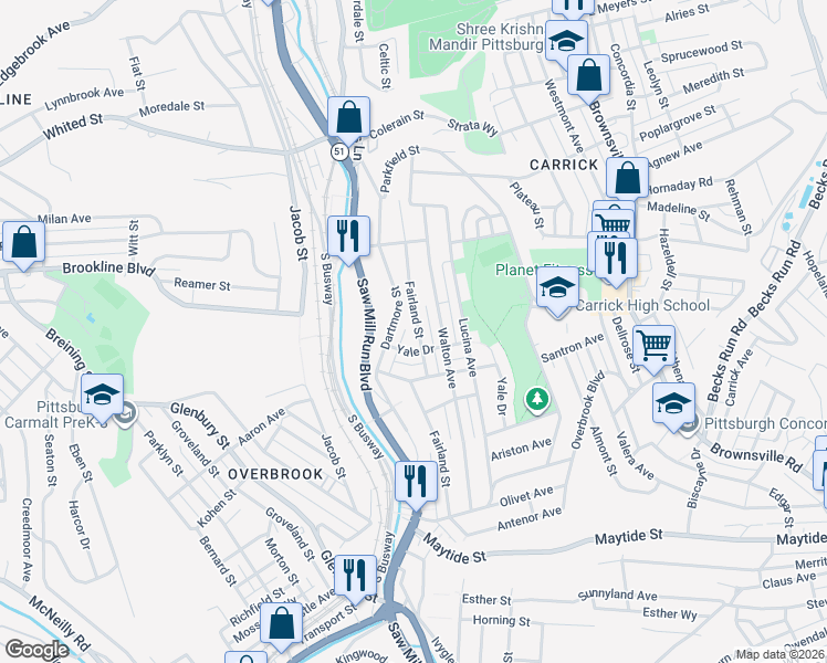 map of restaurants, bars, coffee shops, grocery stores, and more near 2134 Fairland Street in Pittsburgh