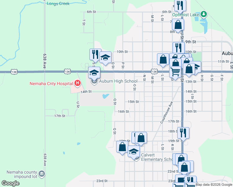 map of restaurants, bars, coffee shops, grocery stores, and more near 1401 Q Street in Auburn