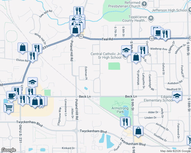 map of restaurants, bars, coffee shops, grocery stores, and more near 2416 Robinwood Drive in Lafayette