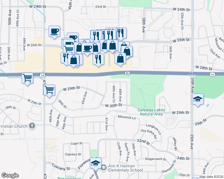 map of restaurants, bars, coffee shops, grocery stores, and more near 2817 40th Avenue Court in Greeley