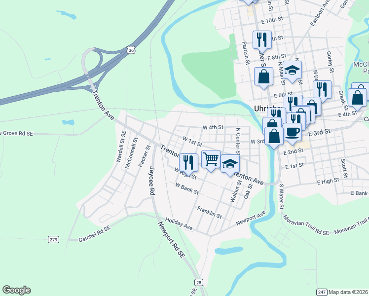 map of restaurants, bars, coffee shops, grocery stores, and more near 620 West 1st Street in Uhrichsville