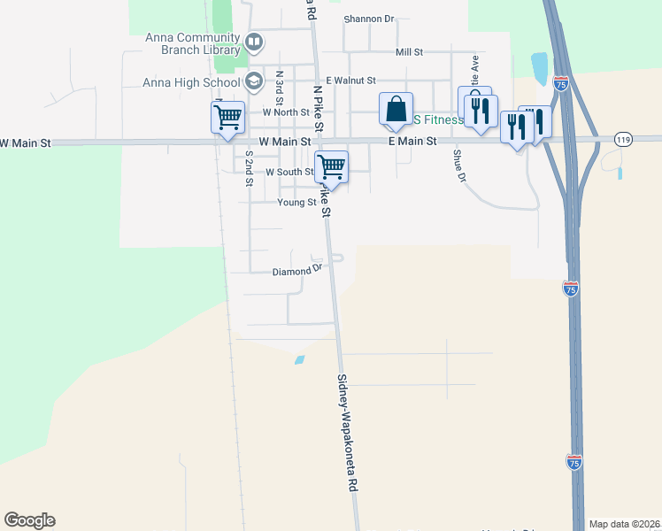 map of restaurants, bars, coffee shops, grocery stores, and more near 13201 Sidney-Wapakoneta Road in Anna