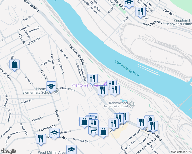 map of restaurants, bars, coffee shops, grocery stores, and more near 4405 Shadynook Avenue in West Mifflin