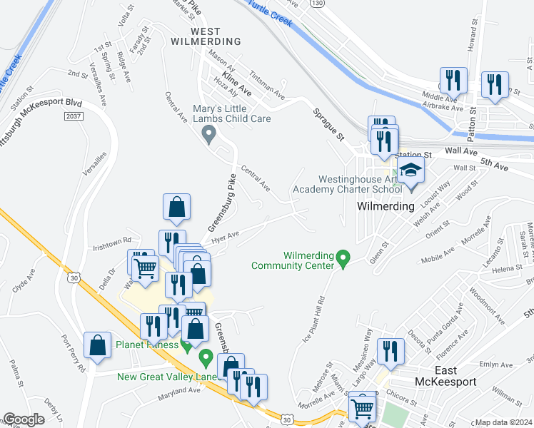 map of restaurants, bars, coffee shops, grocery stores, and more near 2206 Hyer Avenue in North Versailles