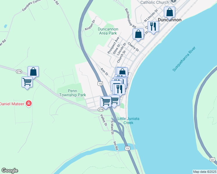 map of restaurants, bars, coffee shops, grocery stores, and more near 109A Cumberland Street in Duncannon