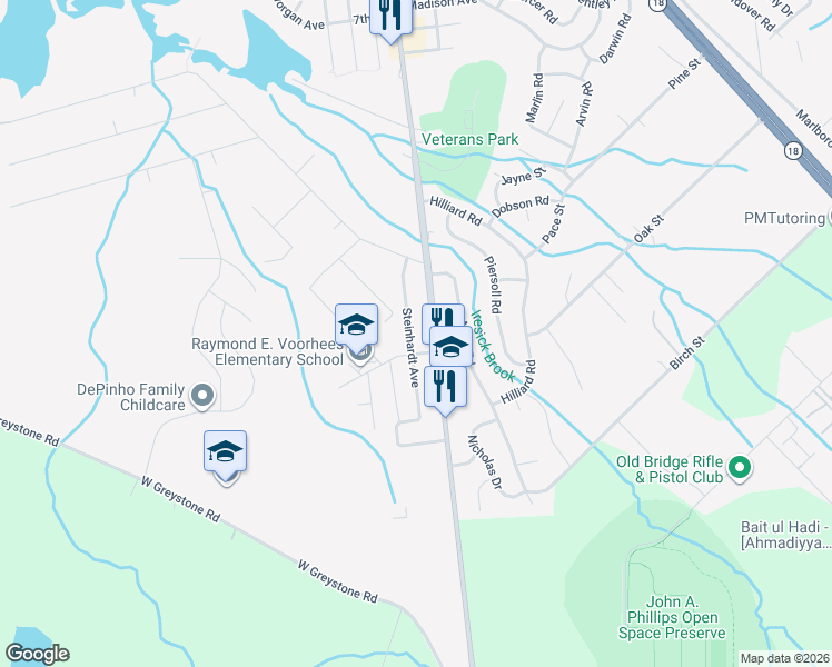 map of restaurants, bars, coffee shops, grocery stores, and more near 22 Steinhardt Avenue in Old Bridge