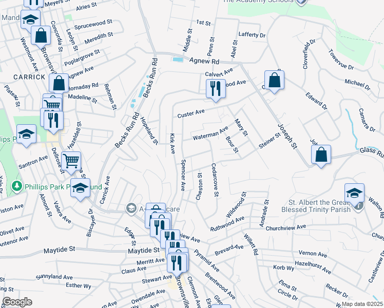 map of restaurants, bars, coffee shops, grocery stores, and more near 2717 Almora Street in Pittsburgh