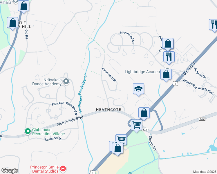 map of restaurants, bars, coffee shops, grocery stores, and more near 45 Kingsland Circle in South Brunswick Township