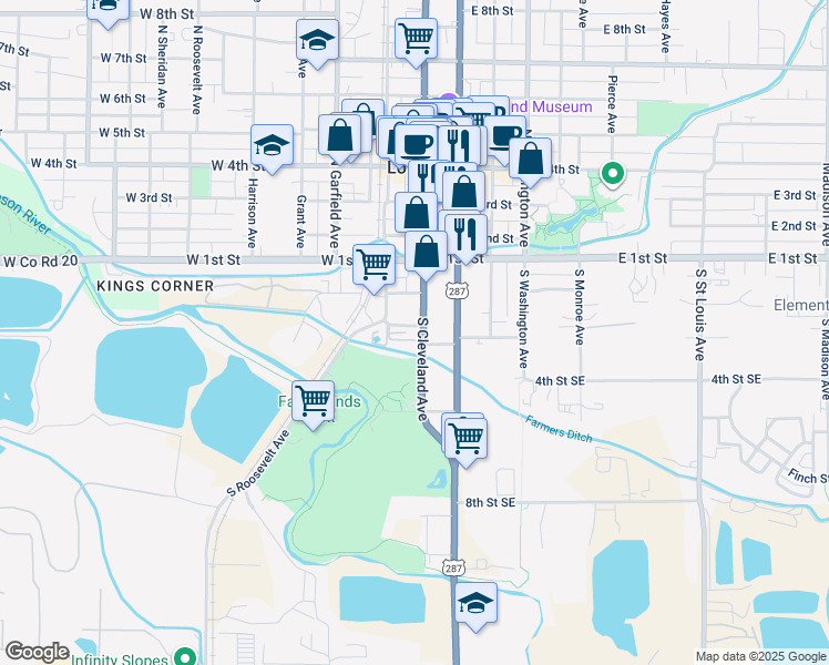 map of restaurants, bars, coffee shops, grocery stores, and more near 307 South Cleveland Avenue in Loveland
