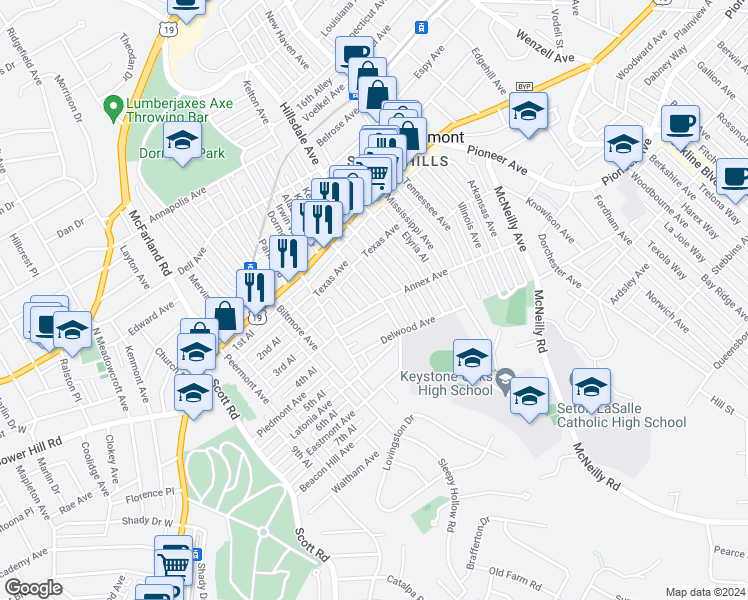map of restaurants, bars, coffee shops, grocery stores, and more near 1203 Kelton Avenue in Pittsburgh