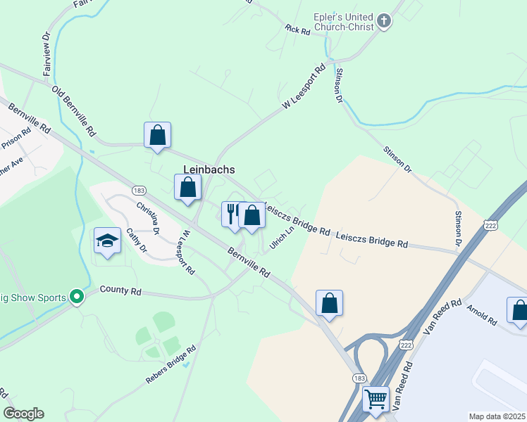map of restaurants, bars, coffee shops, grocery stores, and more near 1039 Old Bernville Road in Leesport