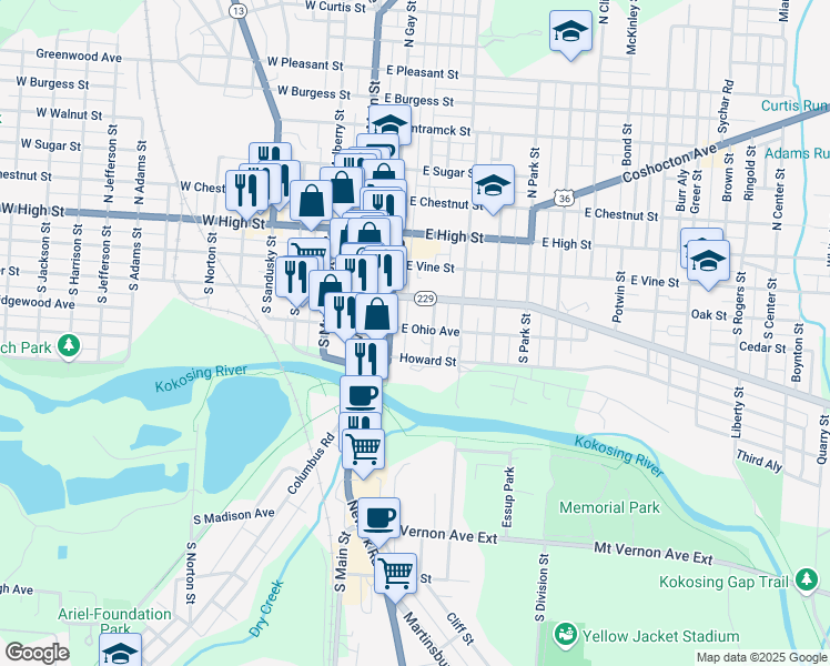 map of restaurants, bars, coffee shops, grocery stores, and more near 106 East Ohio Avenue in Mount Vernon