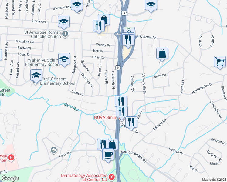 map of restaurants, bars, coffee shops, grocery stores, and more near 57 Frederick Place in Old Bridge Township