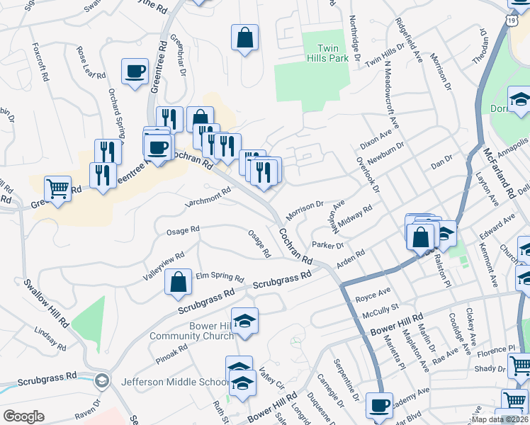 map of restaurants, bars, coffee shops, grocery stores, and more near 1580 Williamsburg Road in Pittsburgh