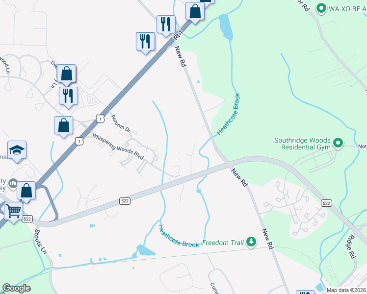 map of restaurants, bars, coffee shops, grocery stores, and more near 6052 Cedar Court in South Brunswick Township