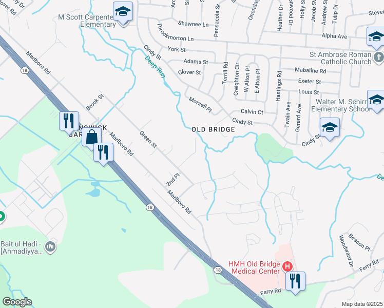 map of restaurants, bars, coffee shops, grocery stores, and more near 335 Green Street in Old Bridge