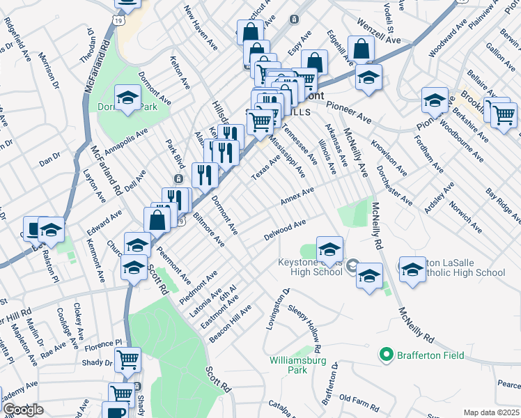 map of restaurants, bars, coffee shops, grocery stores, and more near 1203 Kelton Avenue in Pittsburgh