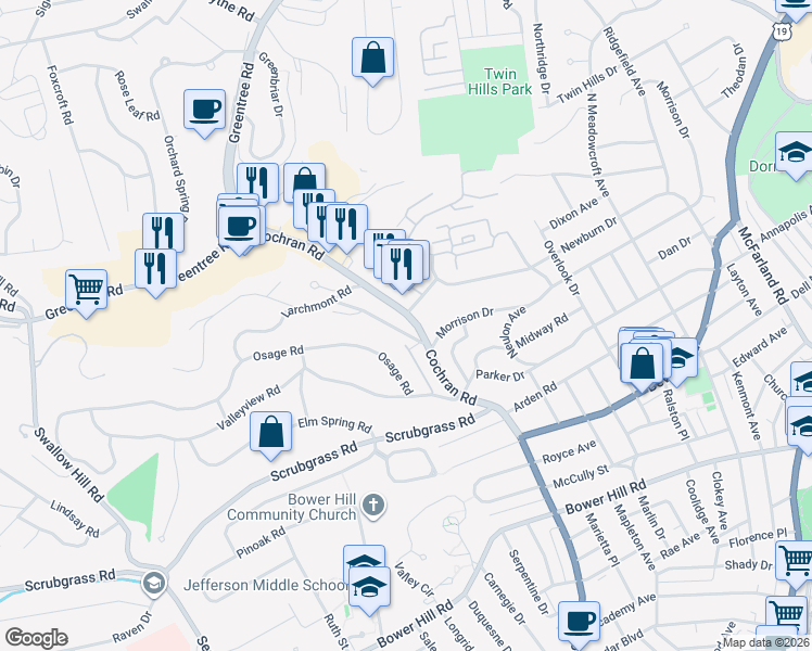 map of restaurants, bars, coffee shops, grocery stores, and more near 1580 Williamsburg Road in Pittsburgh