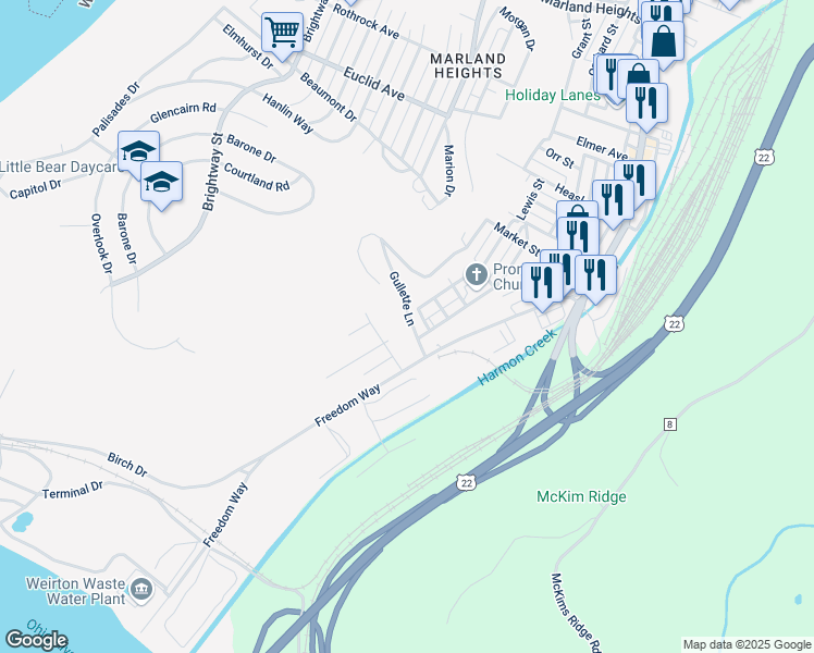 map of restaurants, bars, coffee shops, grocery stores, and more near 115 Gullette Lane in Weirton