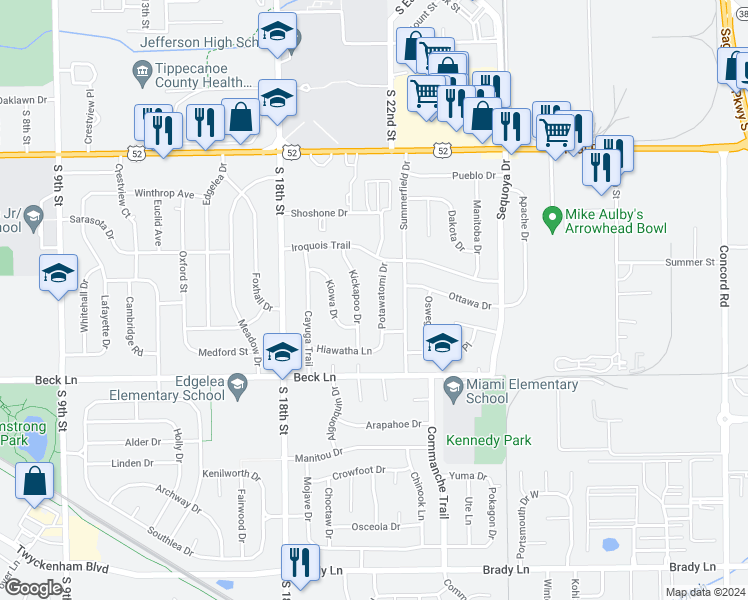 map of restaurants, bars, coffee shops, grocery stores, and more near 2508 Potawatomi Drive in Lafayette