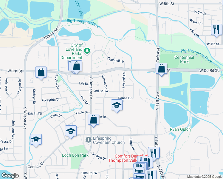 map of restaurants, bars, coffee shops, grocery stores, and more near 253 Lori Drive in Loveland