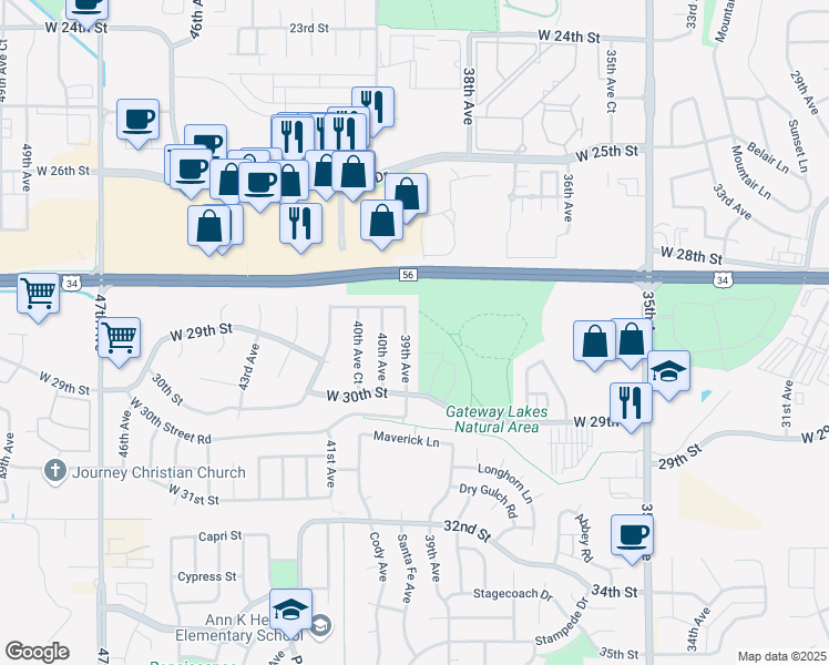 map of restaurants, bars, coffee shops, grocery stores, and more near 2816 39th Avenue in Greeley