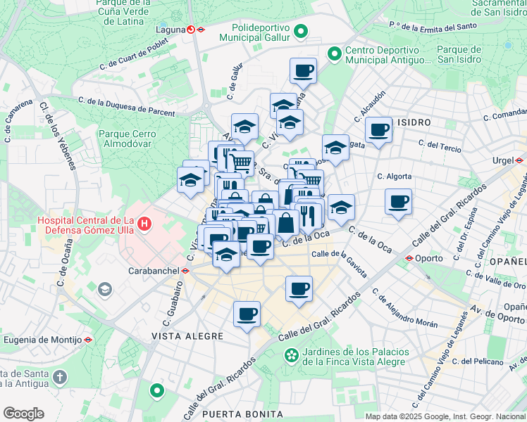 map of restaurants, bars, coffee shops, grocery stores, and more near Calle Albatros in Madrid