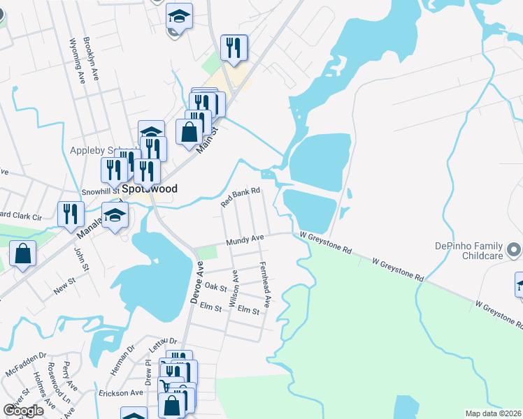 map of restaurants, bars, coffee shops, grocery stores, and more near 37 Brookside Road in Spotswood